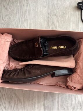 Miu Miu Dark Brown Suede Loafers with Gold Logo